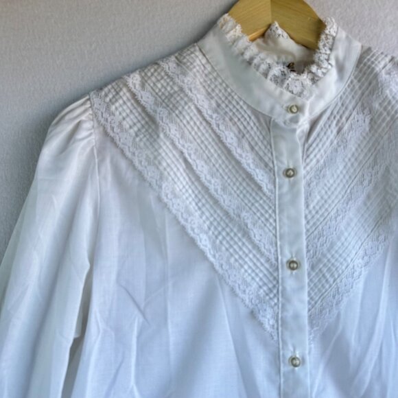 Vintage Rhoda Lee Womens Button Blouse Large White Ruffle Victorian Romantic - Picture 2 of 12